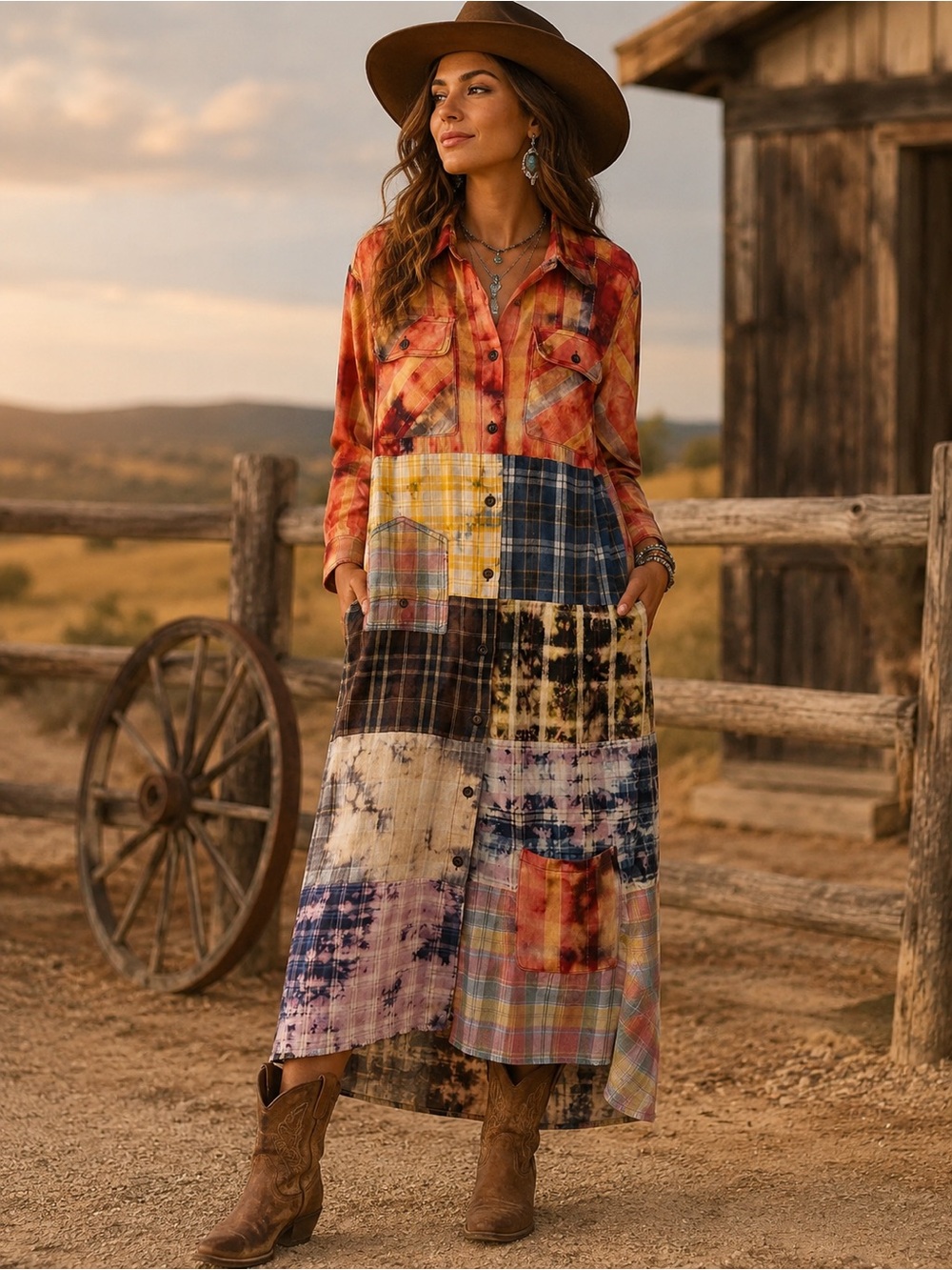 Patchwork Plaid Flannel Maxi Shirt Dress Boho Cottagecore Cotton NWT M